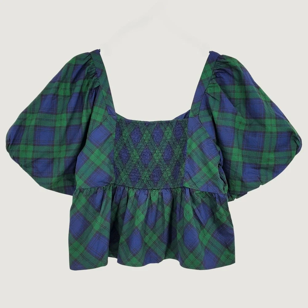 Old Navy Womens XL Blue Green Plaid Puff Sleeve Peplum Smocked Top 100% Cotton